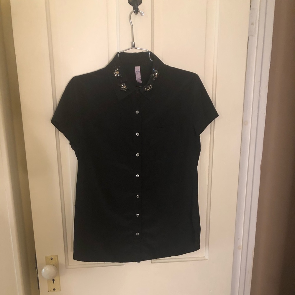 Short-sleeve Button-up with Jeweled Detail